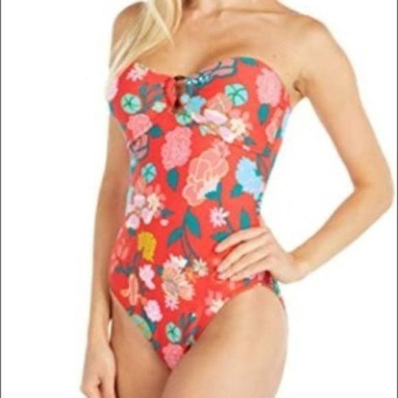 J CREW BANDEAU RING REMOVABLE STRAP ONE PIECE HIGH CUT BRIGHT FLORAL SWIMSUIT 8 - Picture 2 of 11